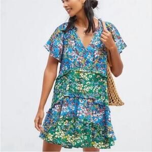 Anthropologie Robin Tiered Oversize Floral Flutter Sleeve Boho Mini Dress Small